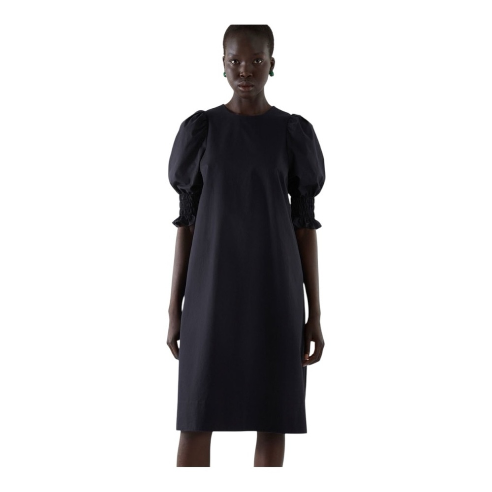 COS Women's 3/4 Puff Sleeve Round Neck Navy Blue Midi Shift Dress size 14